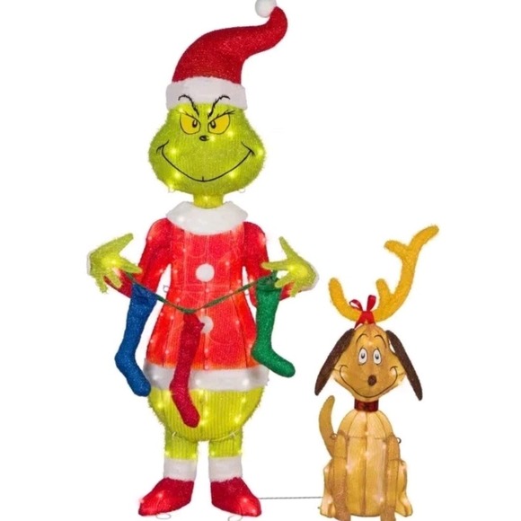 Gemmy Other - 49" CHRISTMAS LIGHTED TINSEL GRINCH W/ STOCKINGS 3D YARD SCULPTURE DECOR